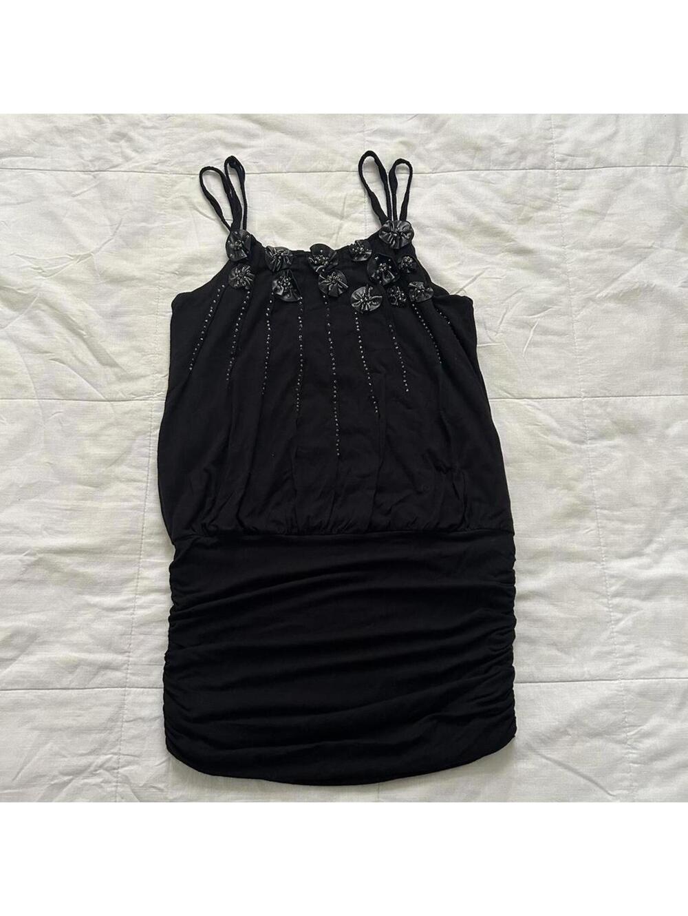 Y2K Black Beaded Floral Mini Dress Size L